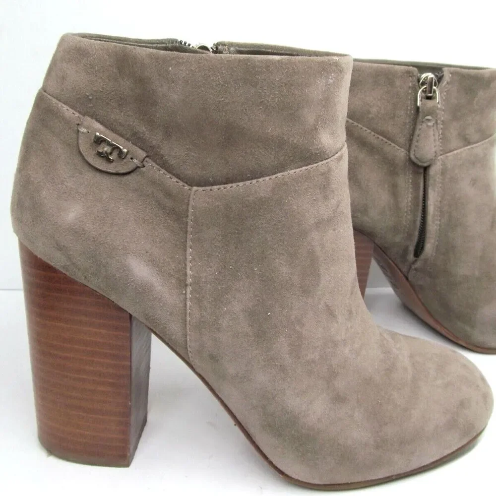 Tory Burch Tan Suede Side Zip Ankle Booties With Stacked Heels Womens US 9.5 M